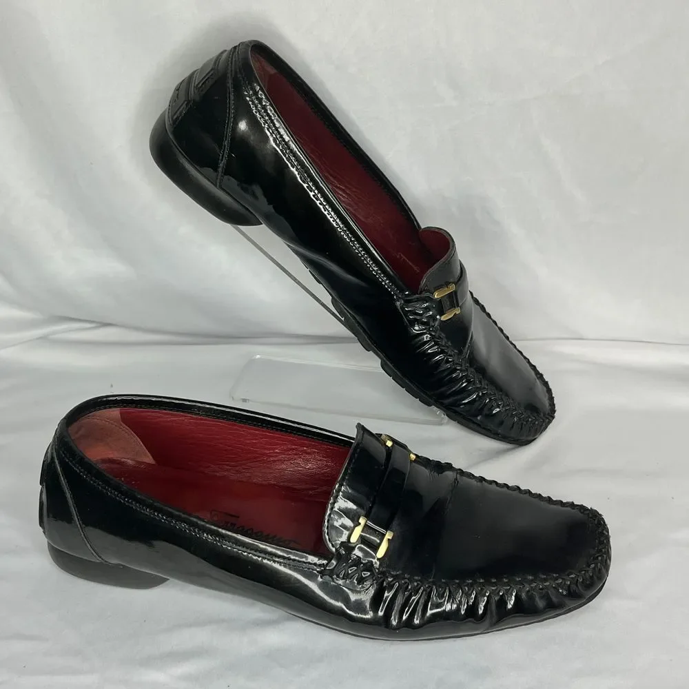 Salvatore Ferragamo‎ Loafers Mens 8.5 Black Patent Leather Sport Gold Hardware